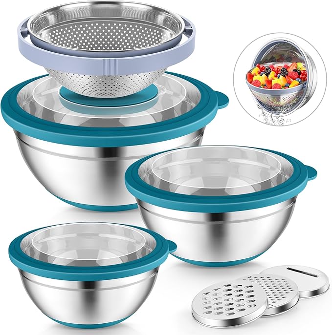 P&P CHEF Mixing Bowls with Lids Set of 3, Stainless Steel Mixing Bowl and Colander for Kitchen, 3 Grater Attachments & Non-Slip Bottoms, Visible & Airtight Lid, Blue