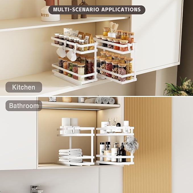 Pull Out Spice Rack Organizer for Cabinet, 1 Pack Metal Seasoning Organizer Slide Out Spice Storage Shelf No Assembly Vertical Spice Rack Pullout for Kitchen & Bahthroom No Drill(2 Tier,White)