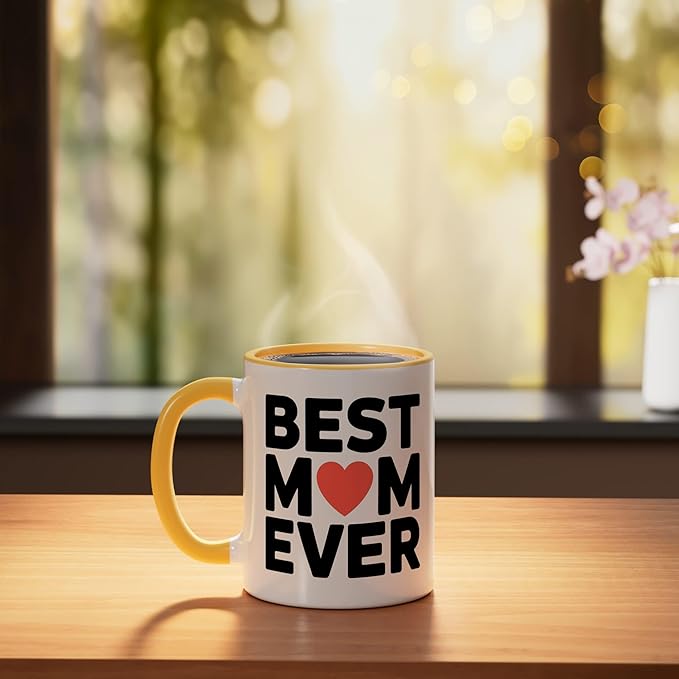 Best Mom Ever Heart Mother's Day Love Ceramic Mug, Yellow/White