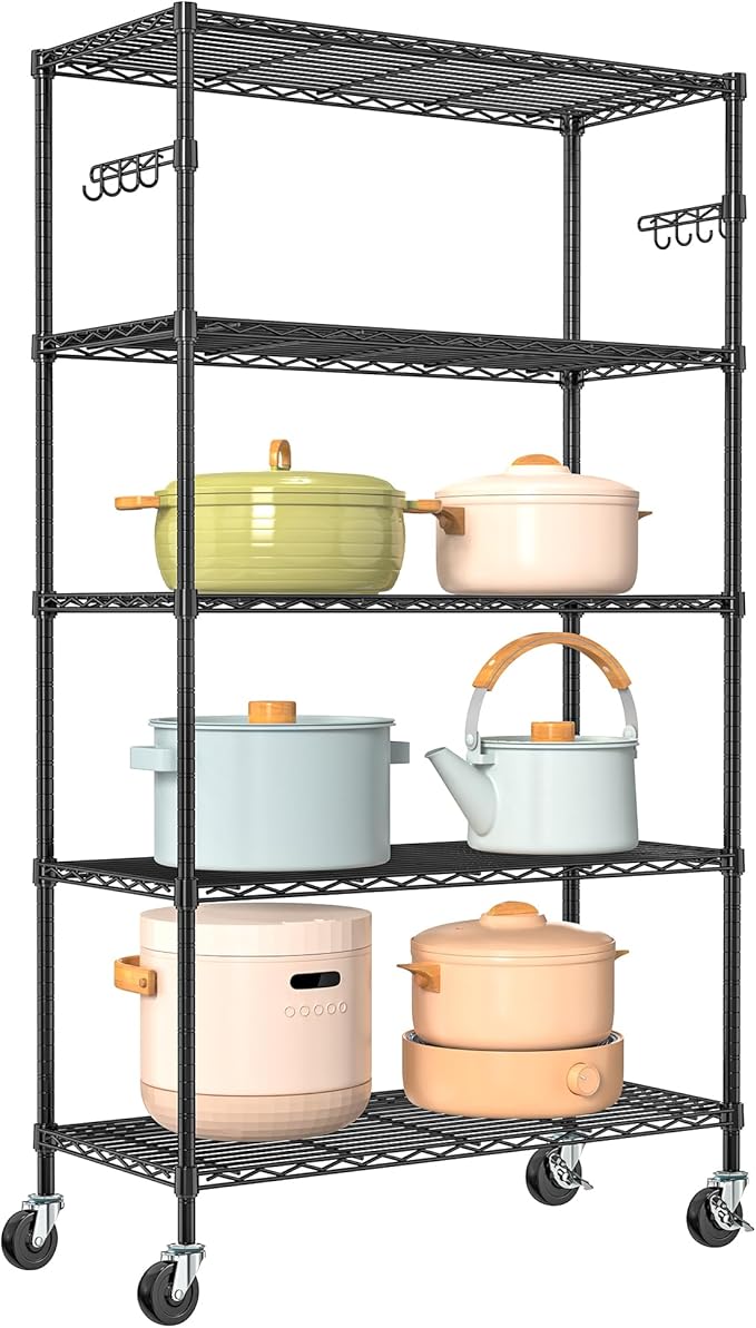 5 Tier Storage Shelves with Wheels Wire Rolling Garage Shelving Rack Organizer Heavy Duty Metal Unit Adjustable Utility Commercial Sturdy Shelves for Kitchen Garage Pantry Bathroom Closet Laundry