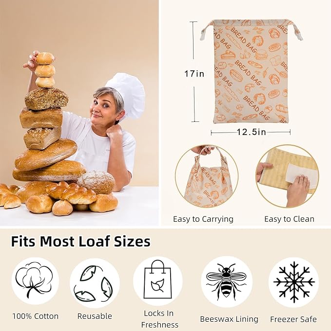 Beeswax Bread Bags for Homemade Bread,Reusable Beeswax Bags for Sourdough,Cotton Linen Food Storage Bag to Keep Fresh - Extra Large 2 Pack