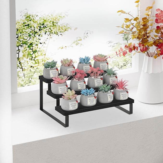 YINMIT Wooden Display Riser Stand, Tiered Perfume and Cologne Organizer Stand, 3 Tier Spice Rack Organizer, Rustic Display Shelf for Candles (3 Tier,Black)