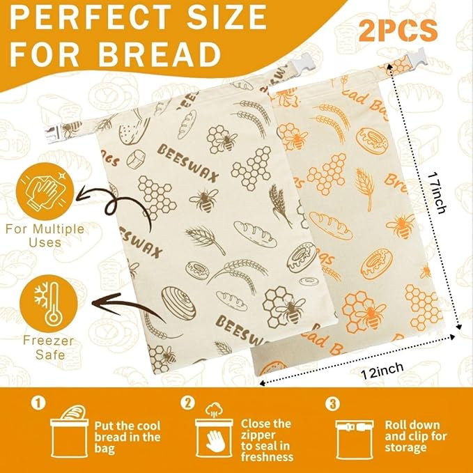 Reusable Beeswax Bread Bags for Sourdough & Homemade Bread - 2 Pack Extra Large (17x12in) Organic Cotton Linen Storage Bags | Freezer Safe, Eco-Friendly, Plastic-Free Freshness Keeper