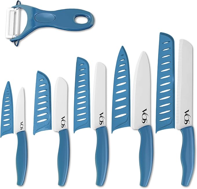 Vos Ceramic Knife with Peeler, Knives Set For Kitchen, Ultra Sharp Kitchen Knife Set with Covers, 4" 5" 6" 7" 8" Paring, Chef Knife, Santoku & 2 more, Lightweight, Dishwasher safe (Blue)