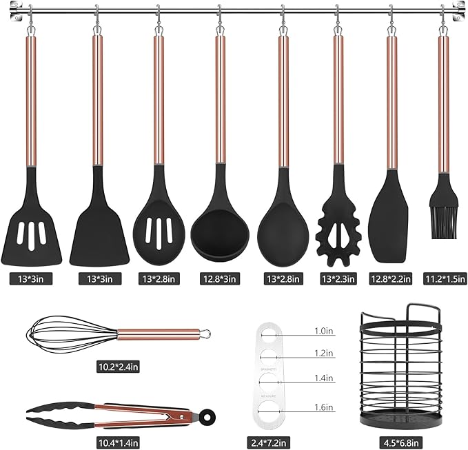 Black Kitchen Utensil Set with Holder, 22 Pcs Silicone Cooking Utensils Set for Nonstick Cookware, Heat Resistance Spatula Set, Stainless Steel Handle Kitchen Gadgets Utensils Set