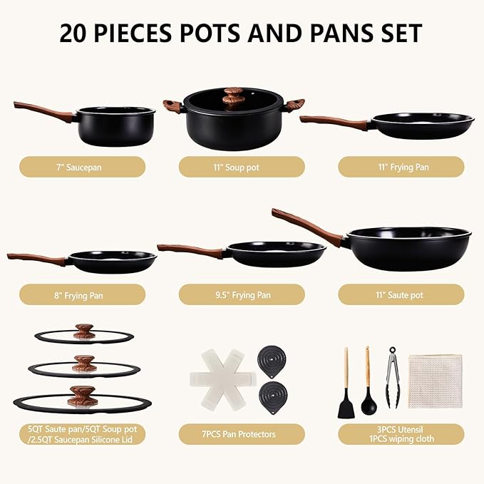 Bonnlo 20 PCS Non-Stick Cookware Set, Cast Aluminum Pots and Pans Set, Induction RV Kitchen Cook Set, Dishwasher Safe, PFAS PFOA & PFOS Free, for Home