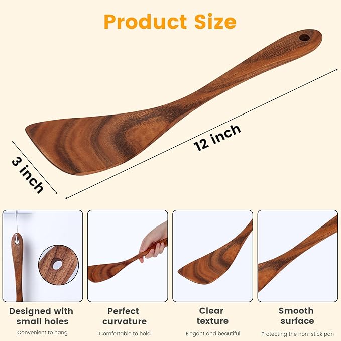 HANSGO Wooden Spatula, 12 Inch Acacia Wood Nonstick Turner, Right Hand Long Handle Flat Frying Spatulas, Kitchen Gift for Mother Wife Grandma, Non Toxic Cooking Utensils for Eggs, Fish, Pancakes