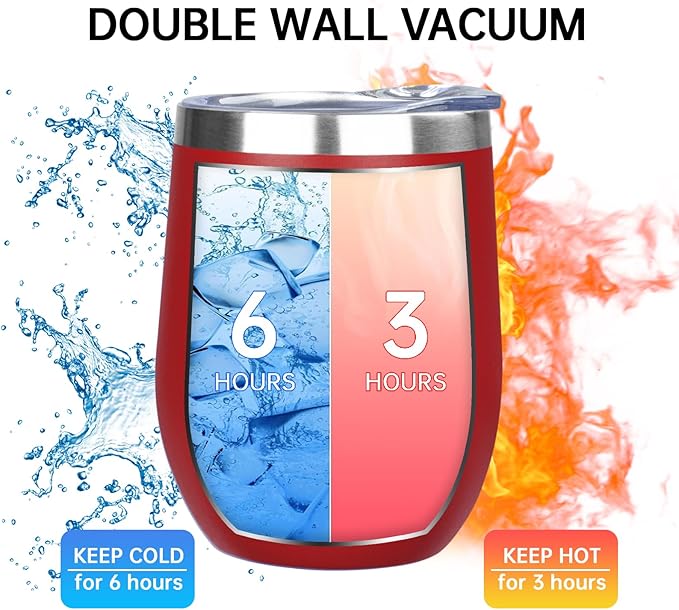 MEZMUT 12 Oz Insulated Wine Tumbler with Lid Double Wall Vacuum Stainless Steel Wine Glass Coffee Mug Insulated Tumbler Cup for Champaign, Cocktail, Beer (Red, 1 Pack)