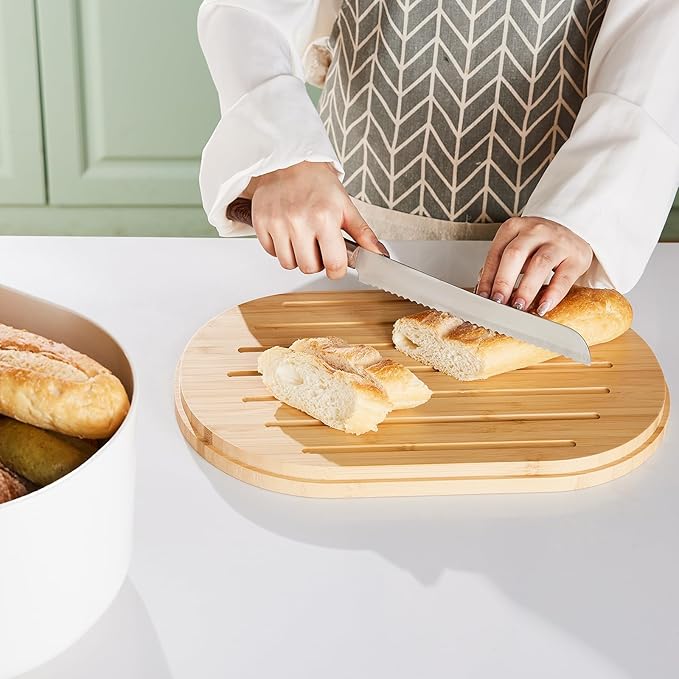 HouseJoy Large Bread Box for Kitchen Countertop,Fiber Bread Box With Thick Cutting Board Lid-Includes,White Bread Storage for Homemade Container,Corner Bread Holder for Toast Bagel Donut Cookies