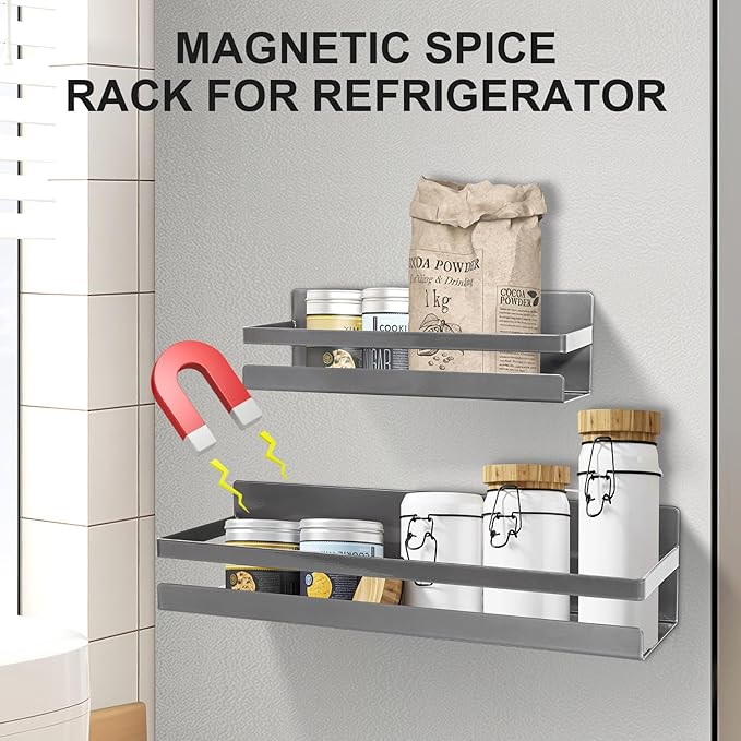 Uten Large Spice Rack for Refrigerator, 2 Pack Strong Magnetic Shelves, Moveable Fridge Organizer, Perfect Space Saver