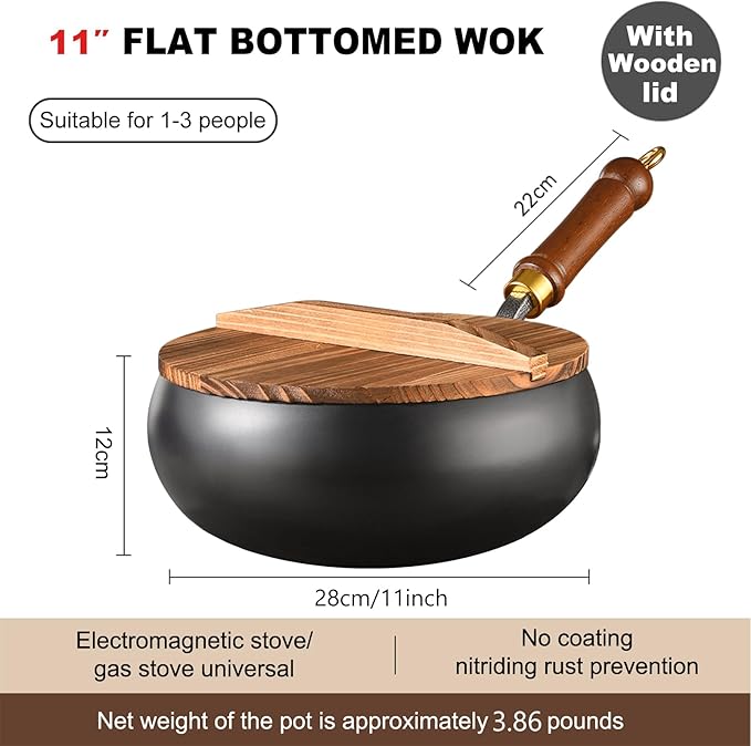 Carbon Steel Wok Pan, 11″ Woks & Stir-Fry Pans with wooden Lid Cookwares, Nonstick Wok Flat Bottom Small Handmade Chinese Wok For for All Stoves