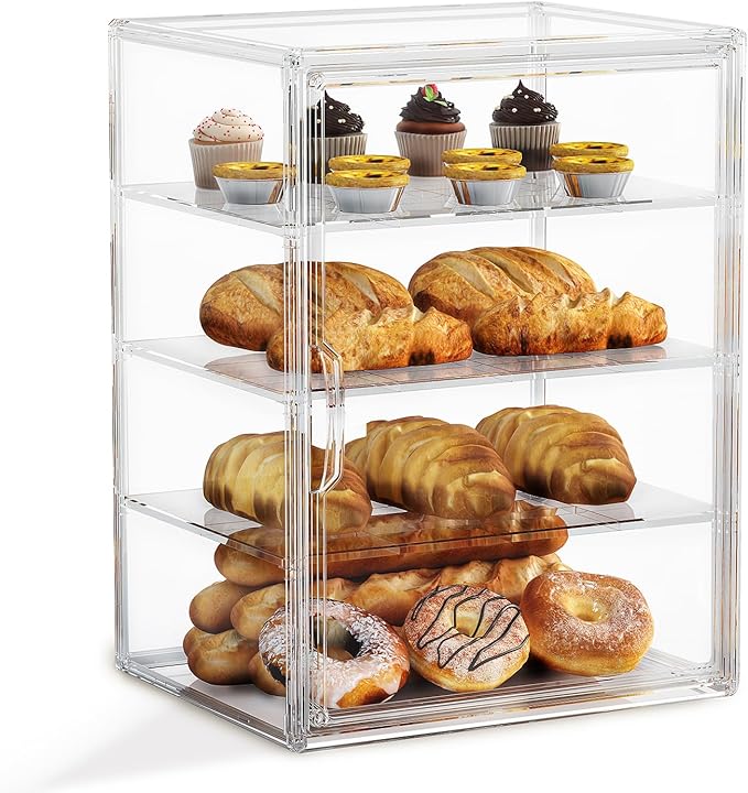 4-Tier Pastry Display Case,Large Bread Box for Kitchen Countertop, Adjustable Bread Storage Container, Bakery Display for Bread, Cookies, and Donuts, Size 15.5 * 11.4 * 9.8 Inch