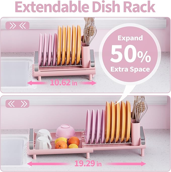 TOOLF Small Dish Drying Rack, Mini Expandable Compact Dish Rack, Slim Extendable Stainless Steel Dish Drainer for Kitchen Plate Storage, Space Saving Dish Strainer in Sink or on Home Countertop, Pink