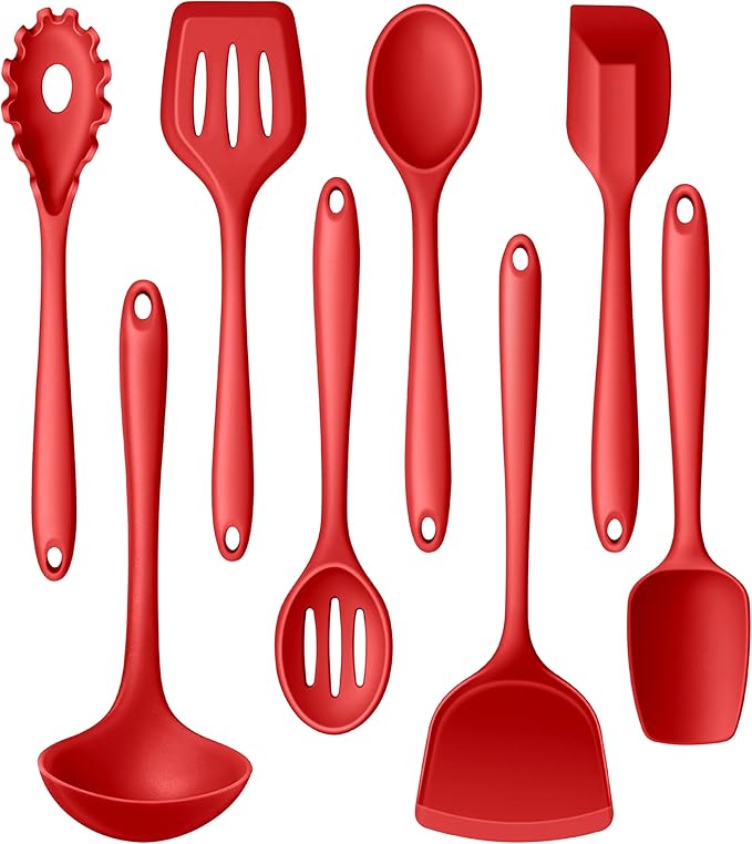 LIANYU 8-Piece Kitchen Utensils Set, Silicone Cooking Utensil Spatula Sets, Heat Resistant Cooking Gadgets Tools Set for Non-stick Cookware, Dishwasher Safe, Red