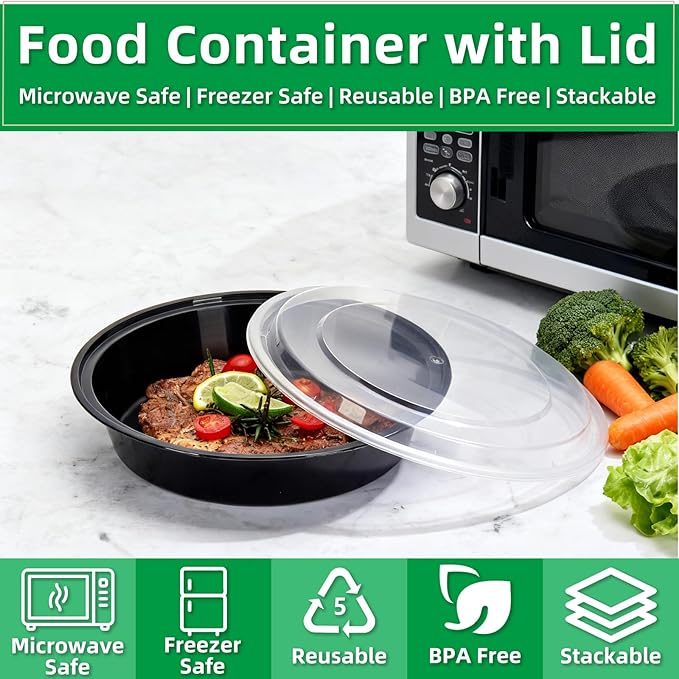 Meal Prep Containers Reusable 10 Pack-24 oz Food Storage Containers with Lids To Go Food Containers Takeout, Microwave Dishwasher Freezer Safe, Stackable, BPA Free, Plastic (Black)