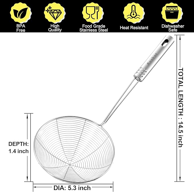 Anaeat 5.3" Stainless Steel Spider Skimmer, Professional Kitchen Pasta Strainer Spoon with Long Handle - Asian Strainer Ladle Wire Skimmer Spoons for Cooking and Frying