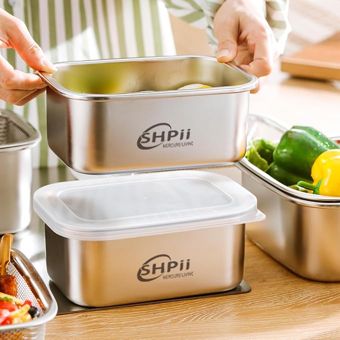 Square Colander Set,304 Stainless Steel with PE Lid,Storage Container,Prep,Tofu Drainer,Shellfish Drainer,Back of House Preparation,Refrigerator Storage,Picnic Party (1100ML)