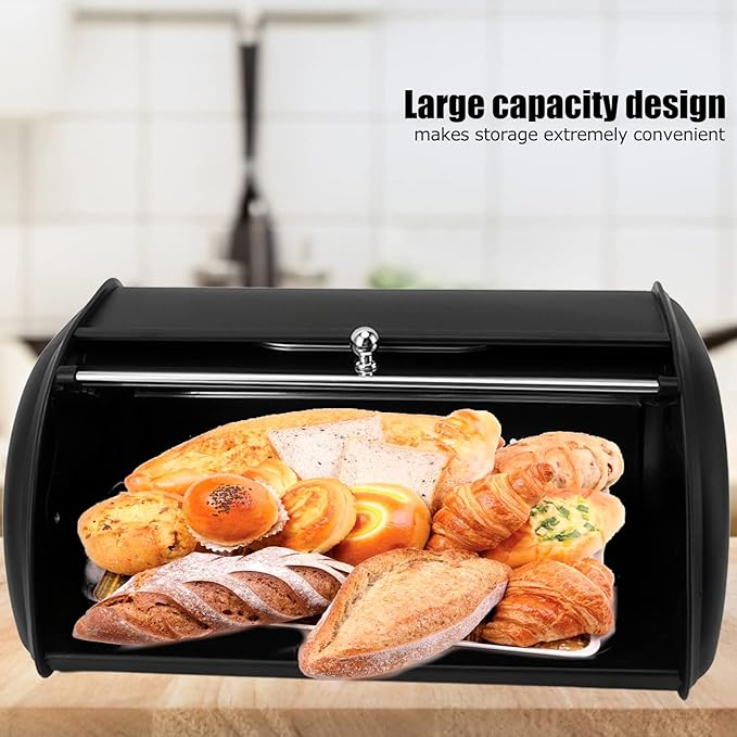 Metal Bread Box, Bread Bin Holder Storage Container With Small Window Roll Top Lid, Large Bread Food Storage Organizer for Kitchen Countertop (Black)