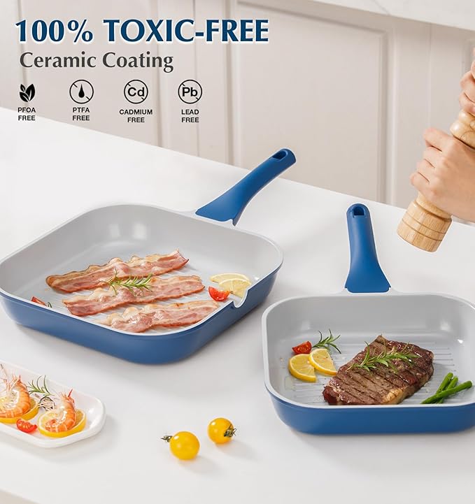 KOCH SYSTEME CS 9.5 Inch Nonstick Grill Pan for Stove Tops, Square Griddle Pan with Pour Spouts, Grill Pan for Indoor Cooking, Grill Skillet with Bakelite Handle, PTFE & PFOA Free, Blue