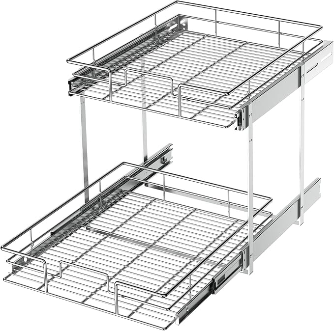 LOVMOR 2 Tier Individual Pull Out Cabinet Organizer 20" W x 21" D, Slide Out Kitchen Cabinet Storage Sliding Shelves