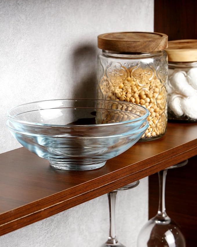 NUTRIUPS 2 Pack 7 inch Tempered Glass Bowls, 14oz Glass Cereal Bowls Set, Shallow Glass Dessert Serving Bowls, Clear Glass Bowls for Kitchen, Salad, Soup, Ice Cream and Candy