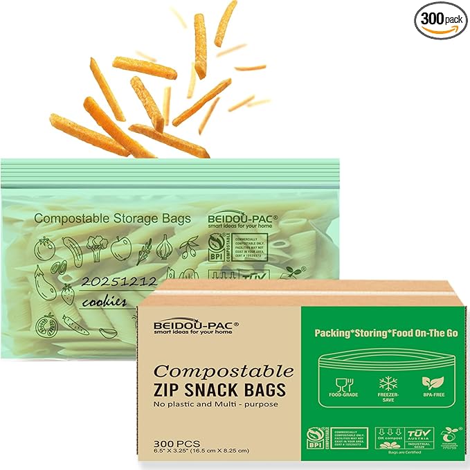 Compostable Snack Storage Zip Bags, 300 Count | 2 Mil | 6.5 IN x 3.25 IN, Freshness Easy Open Biodegradable Eco-Friendly Reclosable Compost zipper Bags for Food On the Go
