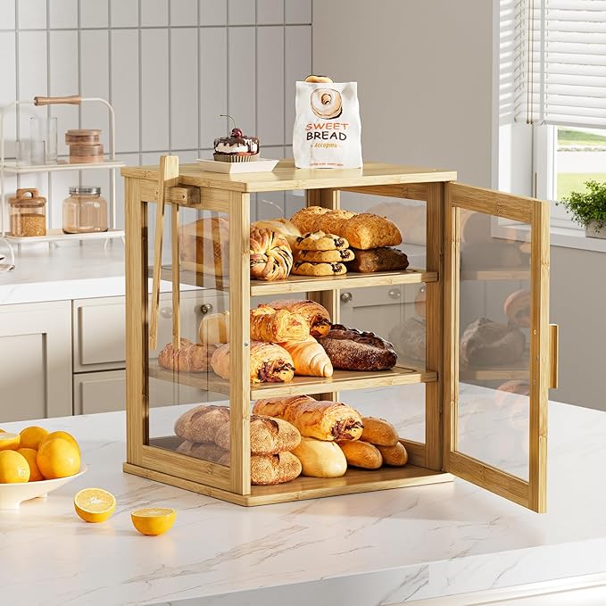 WOWLIVE Bamboo Bread Box for Kitchen Countertop, Large 3 Layers Bread Storage Container for Homemade Bread with Window, Farmhouse Breadbox Organizer for Kitchen, Cabinet, Pantry (Natural, Extra Large)