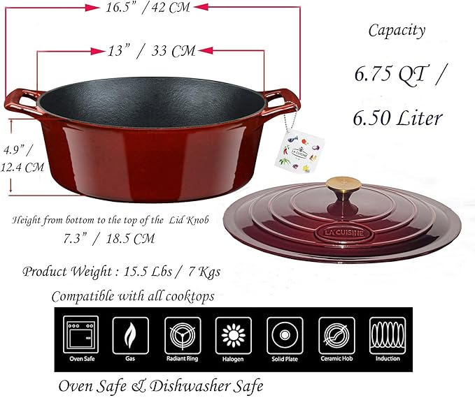 La Cuisine Enameled Cast Iron Oval Dutch Oven Casserole Dish Pot with Lid 6.75 QT Internal Matte Black Enamel Coating for bread baking, Gold-Plated Stainless Steel Lid Handle, Oven Safe up to 500° F. Cranberry