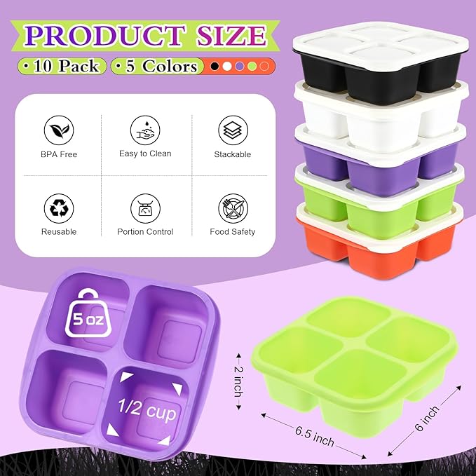 Honeydak 10 Pack Snack Container 4 Compartment Reusable Bento Snack Boxes Divided Lunchable Containers with Lids Meal Prep Lunch Food Storage Boxes for School Work Travel(Halloween Color)