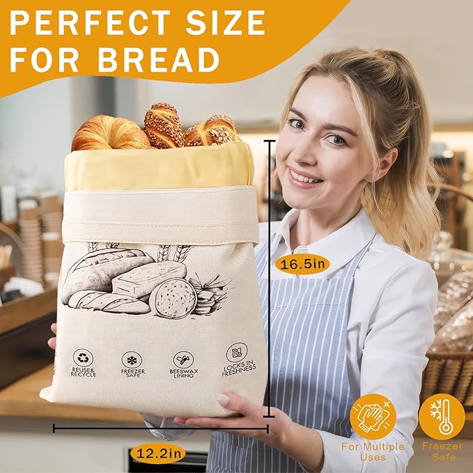 2-Pack Reusable Beeswax Bread Bags for Sourdough & Homemade Bread，Cotton Waxed Bags Keeps Fresh Longer(Golden Wheat)