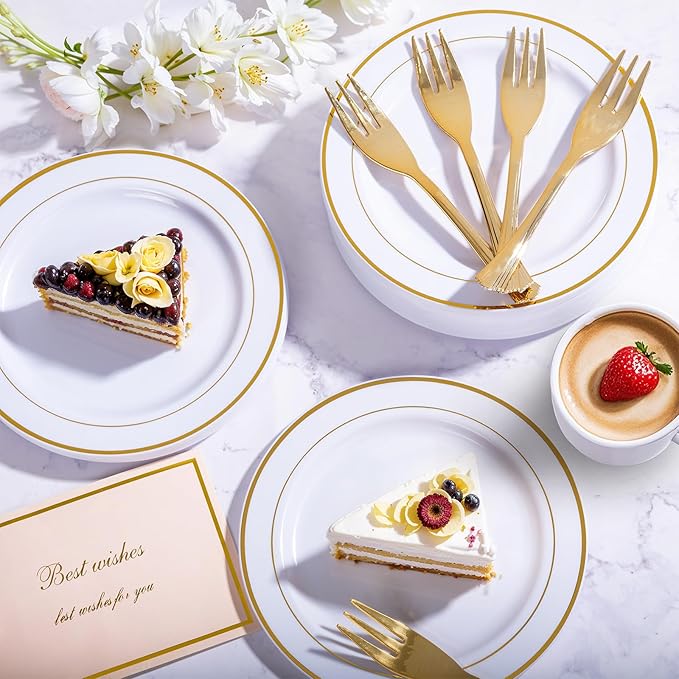 WELLIFE 60 PCS Gold Plastic Dessert Plates and 60 PCS Forks, 6.3 inch Disposable Salad Plates, Premium White Appetizer Plates with Gold Rims, Perfect for Party and Christmas