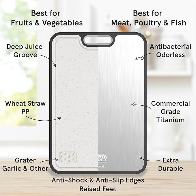 Baker's Secret Titanium Cutting Boards for Kitchen, Cutting Board Double Sided Food Grade, Pure Titanium and Wheat Straw PP, Dishwasher Safe Easy to Clean Large Size 16”×11” Dark Grey