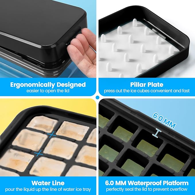 Ice Cube Tray with Lid and Bin, 28 pcs Ice Cubes Molds, Ice Trays for Freezer, Ice Cube Tray Mold, with 1 tray, Ice Freezer Container, Spill-Resistant Removable Lid & Ice Scoop, for Whiskey,Cocktail
