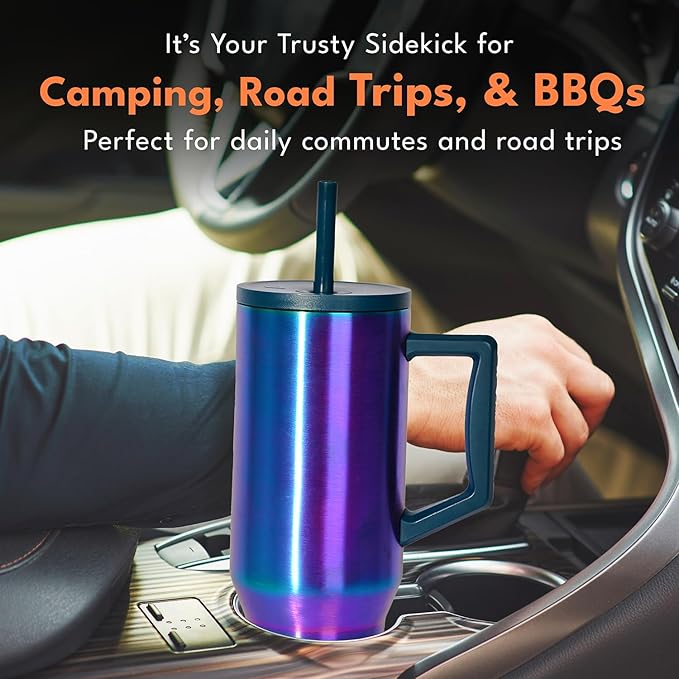 Elemental 40 oz Tumbler with Handle and Straw - Spill Proof Insulated Stainless Steel Commuter for Hot and Cold Beverages - Travel Coffee Mug with 2 Straws & Spill Proof Lid - 40oz - Iridescent