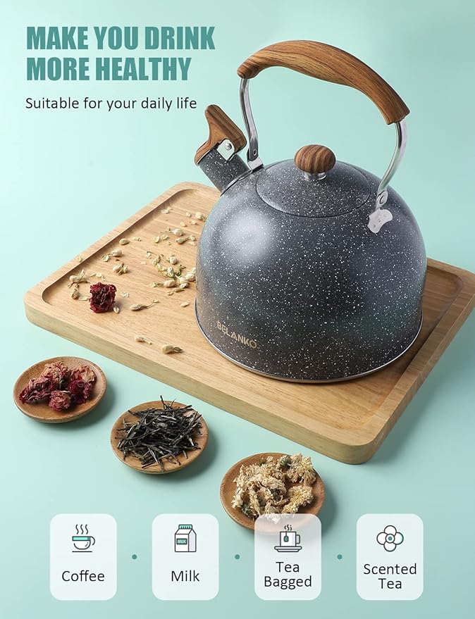 Tea Kettle, BELANKO 85 OZ / 2.5 Liter Whistling Tea Kettle, Tea Pots for Stove Top Food Grade Stainless Steel with Wood Pattern Folding Handle, Loud Whistle Kettle for Tea, Coffee, Milk - Gray
