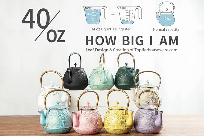 Cast Iron Teapot, TOPTIER Japanese Cast Iron Tea Pot with Infuser for Loose Leaf and Tea Bags, Stovetop Safe Cast Iron Tea Kettle Coated with Enameled Interior for 40 oz (1200 ml), Blush Pink