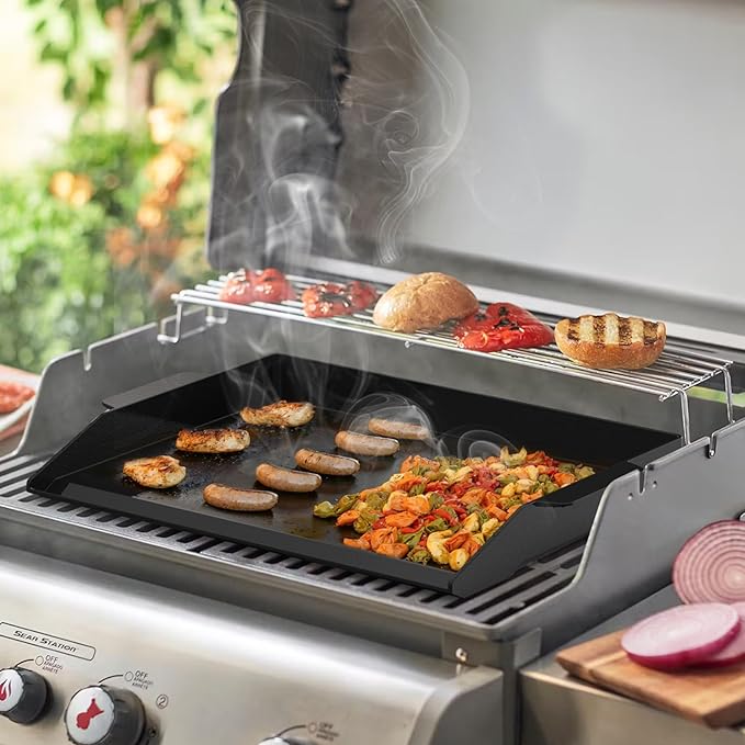 Onlyfire Universal Enamelled Cast Iron Cooking Griddle, Nonstick Coating Griddle Flat Top Grill Plate with extra high sidewalls for All Gas Grills and 4 Burner Range Oven, 23" x 16"
