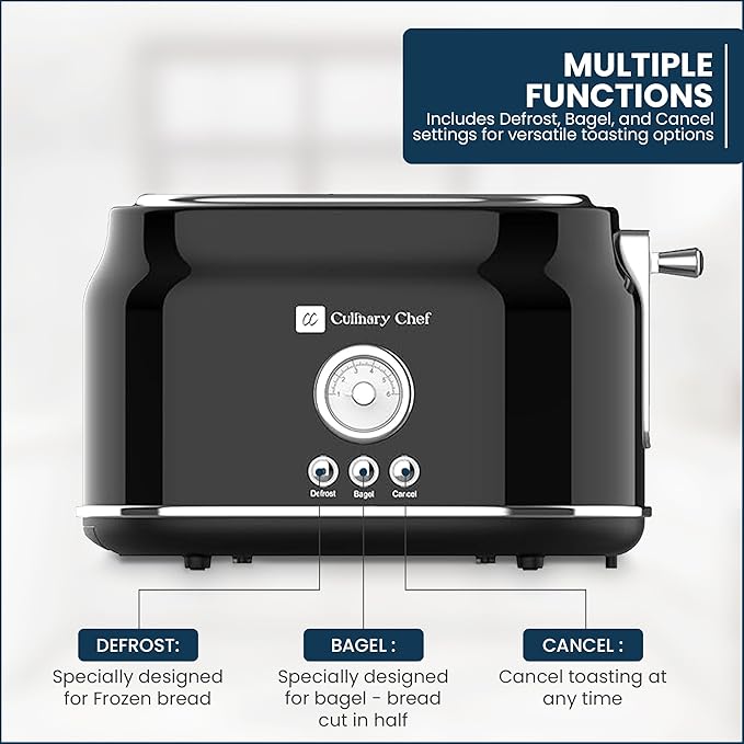 Frigidaire ETO102-WHITE, 2 Slice Toaster, Retro Style, Wide Slot for Bread, English Muffins, Croissants, and Bagels, 5 Adjustable Toast Settings, Cancel and Defrost, 900w, Black