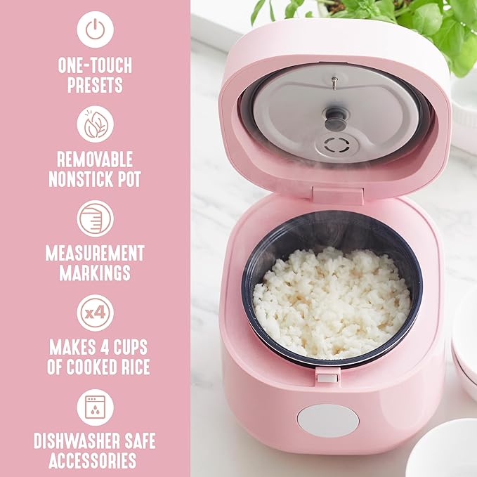 GreenLife Digital Rice Cooker, 2-Cups Uncooked/4-Cups Cooked, Removable Nonstick Ceramic PFAS-Free Pot, One-Touch Presets, Oats, Quinoa, Brown Rice, Auto Keep Warm, Fuzzy Logic Tech, 1.5QT, Pink