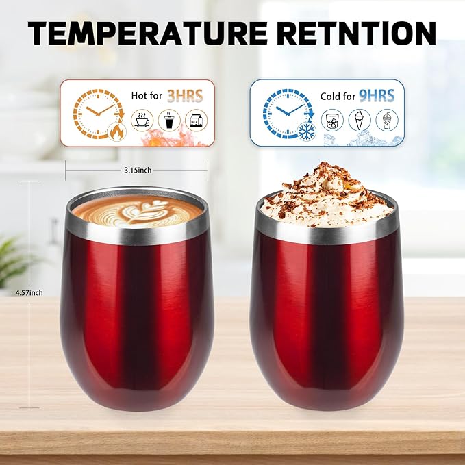 StarSpeed 12oz/6 Pack Wine Tumbler with lid, Stainless Steel Travel Mugs Stemless Double Wall Insulated Coffee Cup, Insulated Wine Glasses Travel Tumbler for Cold & Hot Drinks(Transparent Red, 6)