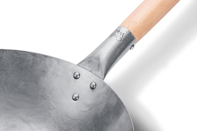 Craft Wok Flat Hand Hammered Carbon Steel Pow Wok with Wooden and Steel Helper Handle (12 Inch, Flat Bottom) / 731W316-12in