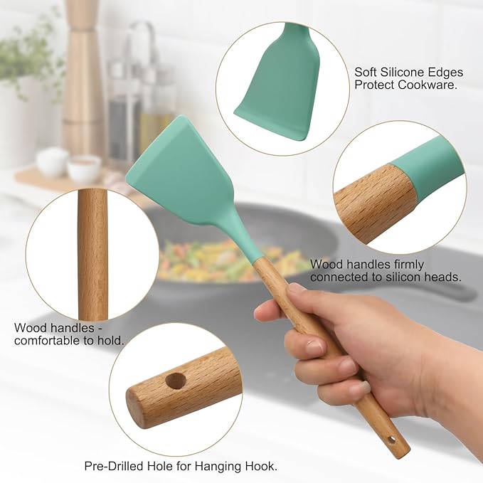 Kitchen Utensils Set of 12, Silicone Cooking Utensils with Non-Slip Wooden Handle and Organizer Bucket, 446°F Heat Resistant Cookware Utensils Set (Assorted Colors-Upgraded)