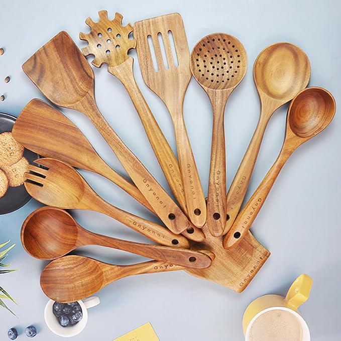 Wooden Spoons for Cooking,Wooden Utensils for Cooking 11 Pcs Wooden Kitchen Utensils Set Wooden Spatulas for Cooking Wooden Cooking Utensils with Holder, 14.37*4.13*3.54, Brown