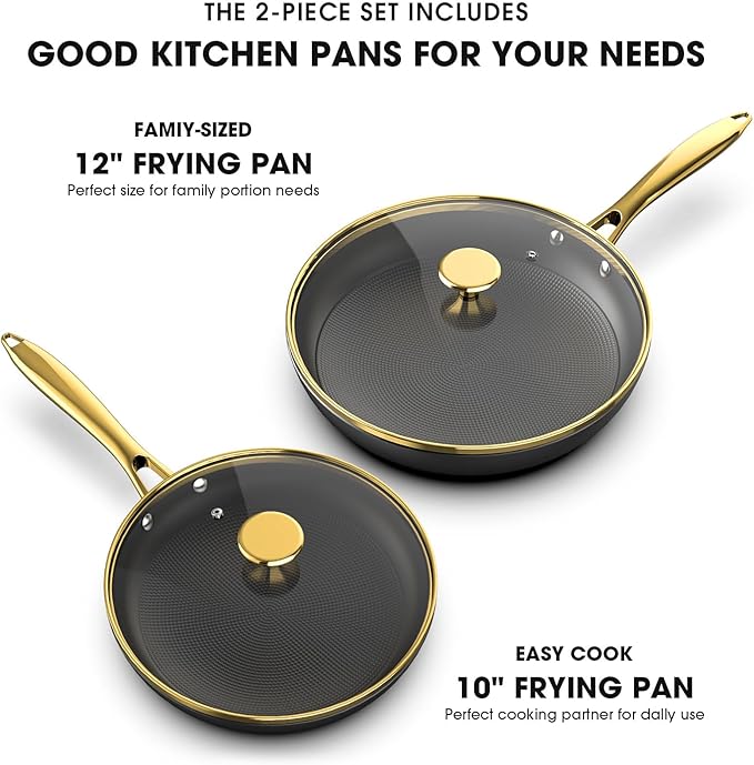 imarku Non Stick Frying Pans, Frying Pan with Lid 2Pcs - 10 Inch and 12 Inch Long Lasting Nonstick Frying Pan Cast Iron Skillets, Frying Pans Nonstick with Lid, Chrismas Gifts for Women and Men