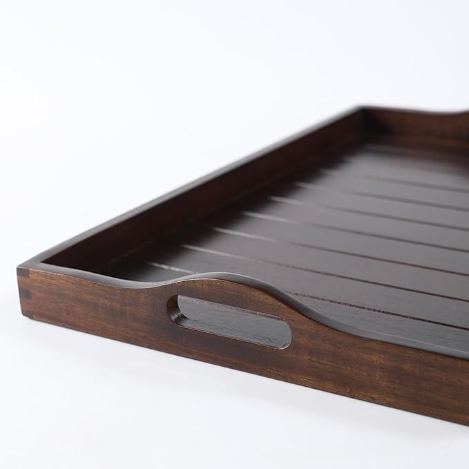 Large Acacia Wooden Serving Tray with Handles 20 x 14 inch Decorative Coffee Table Ottoman Tray for Living Room Extra Large for Kitchen Dinner Food Bar Breakfast in Bed (Color Brown)