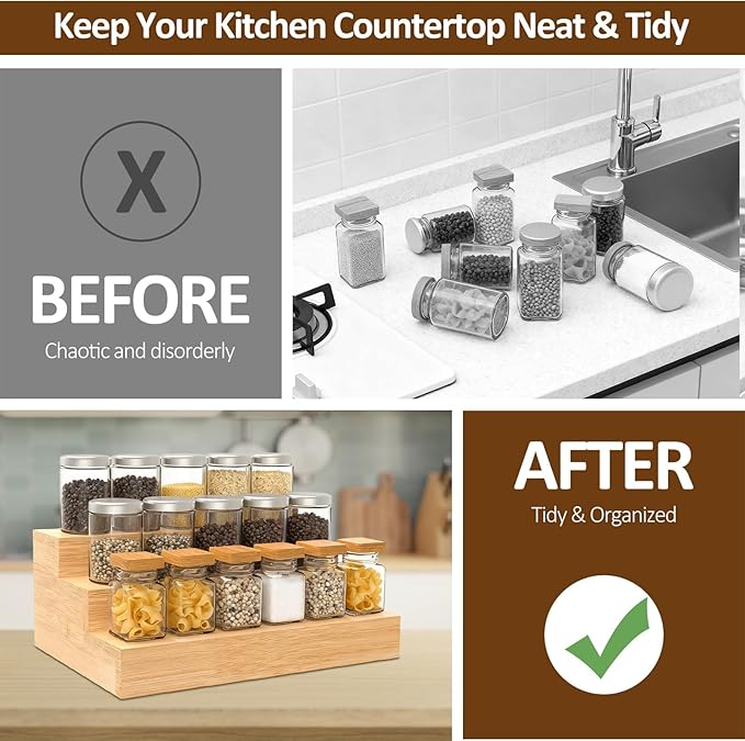 3 Tier Bamboo Spice Rack Organizer for Cabinet or Pantry, 2 Pack Wooden Spice Steps Riser for Spice Jars, Cans, and Bottles