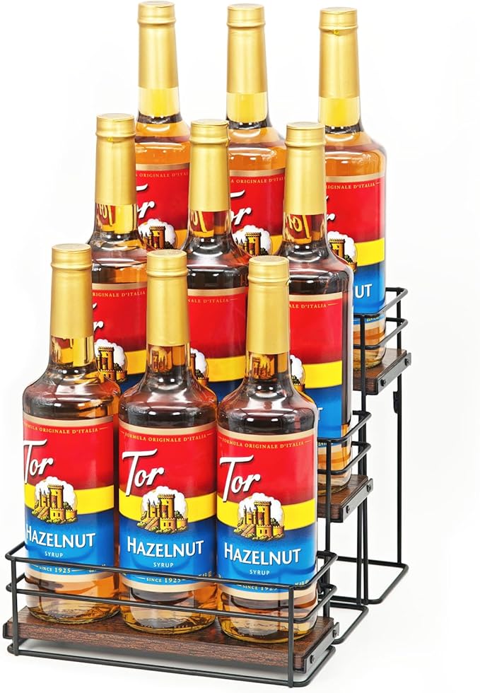 9 Bottle Coffee Syrup Organizer Rack, 3 Tier Coffee Syrup Bottle Stand Holder for Coffee Bar, Installation-free, Liquor Bottle Display Shelf, Coffee Syrup Shelf for Liquor Whiskey Wine Display