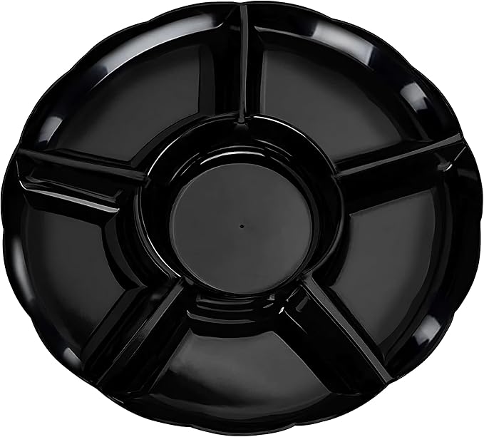 Elegant 14" Black 6-Section Round Disposable Plastic Trays for Serving Fruit, Ice Cream and More - 16 Pcs Serving Trays Ideal for Parties, Weddings, Baby Showers and Decorations