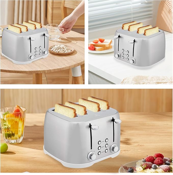 4 Slice Brushed Silver Stainless Steel Toaster with Wide Slots, Bagel, Defrost, Cancel Functions, 1600W Family Size Bread Maker for Modern Kitchens