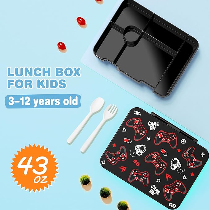 Bevalsa Kids Bento Lunch Box with 6 Compartment, Stainless Steel Metal Water Bottle, Insulated Bag & Utensils, BPA-Free Leakproof Food Container for School Boys Girls, Back To School Gift